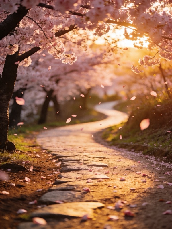 Cherry blossom path at sunset
