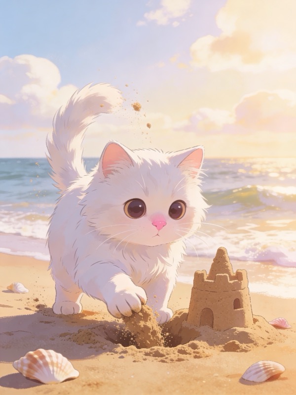 Cute illustration cat on beach